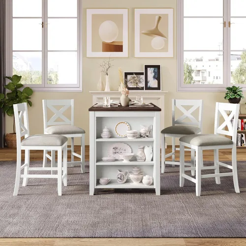 Vista 13 de Farmhouse - Juego de comedor rústico de 5 piezas con 4 taburetes, juego de mesa consola de madera con acabado de dos tonos, para comedor pequeños