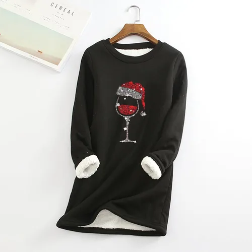 Vista 4 de Sudadera de Navidad para mujer, con estampado de forro polar grueso, ropa interior cálida