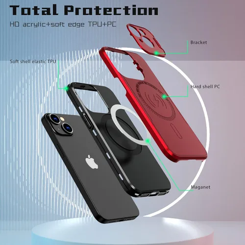 Vista 4 de Funda magnética diseñada para iPhone 13, protector de lente de cámara con soporte [compatible con MagSafe], agradable a la piel, de grado militar, a
