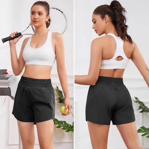 Vista 4 de Pantalones cortos deportivos para correr de 5 pulgadas para mujer, cintura alta, de secado rápido, ligeros, con bolsillo con cremallera, UPF 50+