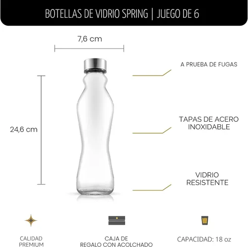 Vista 2 de JoyJolt Juego de botellas de agua de vidrio de primavera de 6 a 18 onzas con tapas de acero inoxidable, botellas de vidrio con tapas a prueba