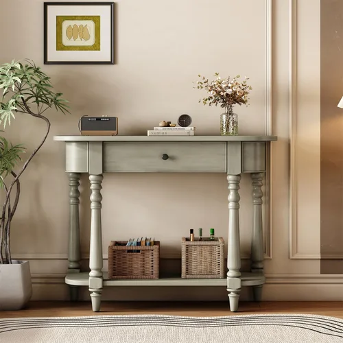 Vista 11 de Polibi Mesa consola Half Moon, mesa de entrada con cajón y estante, patas ajustables, diseño rústico vintage, mesa de sofá para entrada, sala
