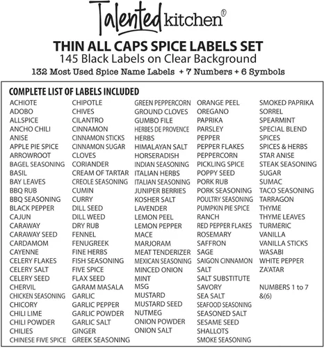 Vista 6 de Talented Kitchen Calcomanías de etiquetas de especias, vinilo negro, paquete de 145 unidades, 1 pulgada, etiquetas preimpresas para tarros