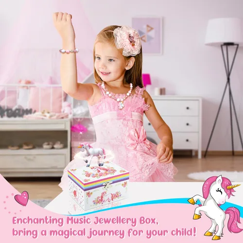Vista 2 de Taduoduo Joyero musical para niñas, organizador con juego de joyas, diseño de flores y unicornio, caja de música, regalo ideal para niñas