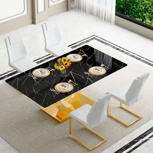 Vista 12 de Juego de mesa de comedor negra para 4, 63 x 35.4 x 30 pulgadas, mesa de comedor moderna rectangular con patas y base de acero inoxidable, sillas