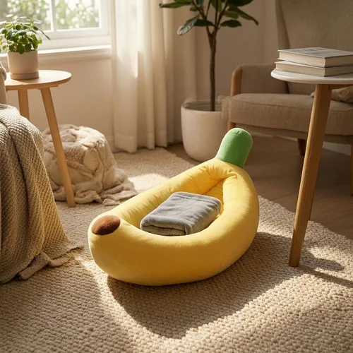 Vista 5 de Cama para mascotas en forma de fruta, linda cama acogedora para gatos en forma de plátano, tamaño a 4