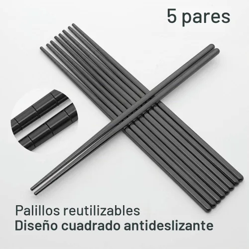 Vista 6 de Palillos de acero inoxidable 304 reutilizables multicolores, ligeros, aptos para lavavajillas – 5 pares (negro)