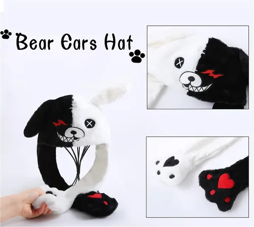 Vista 7 de Sombrero de oso blanco y negro con orejas móviles, gorro de salto presionando las patas que harán que las orejas se muevan, divertido regalo