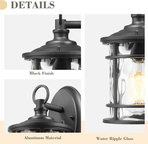 Vista 4 de Emliviar XE229BS BK-WG - Iluminación de pared para exteriores, 1 luz, luz de aluminio de 11.4 pulgadas con vidrio ondulado de agua, XE229BS BK-WG