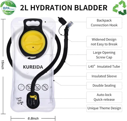 Vista 2 de KUREIDA Hydration Bladder 2 Liter, BPA Free Water Bladder for Hiking Backpack Water Storage Bag with Insulated Tube, Hydration Backpack Replacement