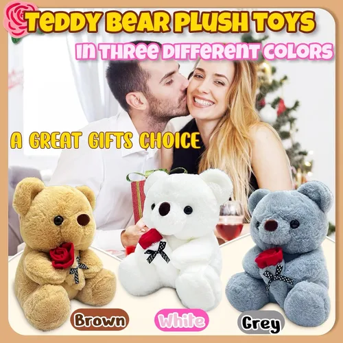 Vista 6 de Peluche de Oso Blanco de 10 pulgadas Juguetes de Animales de Peluche con Rosa, Peluches de Oso Polar Kawaii, Juguetes de Peluche de Animales Suaves