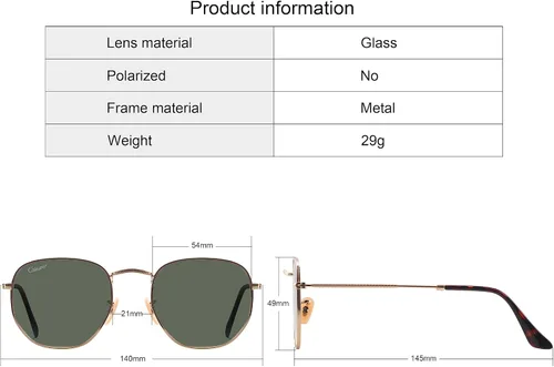 Vista 6 de Lentes de cristal planos estilo hexagonal con marco de metal, protección UV400 para hombres y mujeres