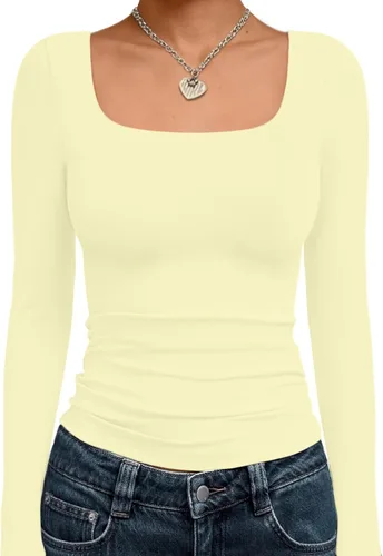Vista 15 de Trendy Queen - Camisas ombligueras para mujer, manga larga, cuello cuadrado, básicas, para salir, de invierno, Y2K Albaricoque