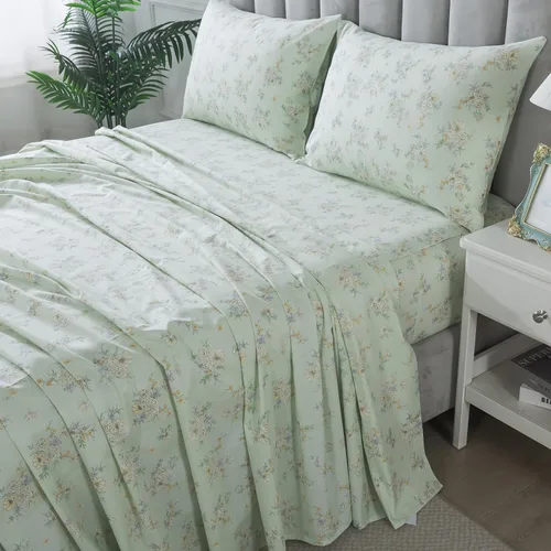 Vista 16 de FADFAY Juego de sábanas tamaño King, sábanas de algodón percal rosa floral con bolsillo profundo, ropa de cama vintage lujosa azul con estampado