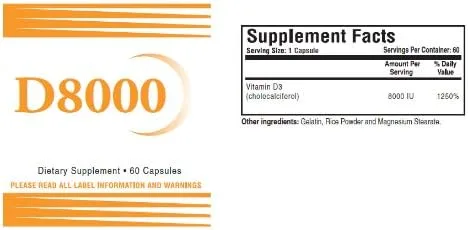 Vista 2 de Natural Living Vitamina D3 de alta potencia 8000 UI 60 Cápsulas 1 Botella