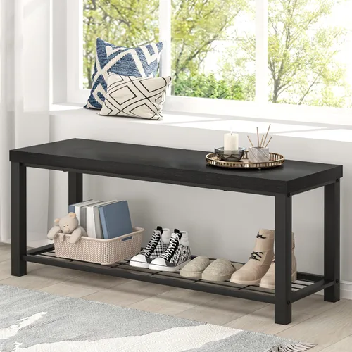 Vista 5 de EXCEFUR Banco de entrada, moderno banco de almacenamiento de madera y metal para pasillo, puerta delantera, zapatero industrial para interiores