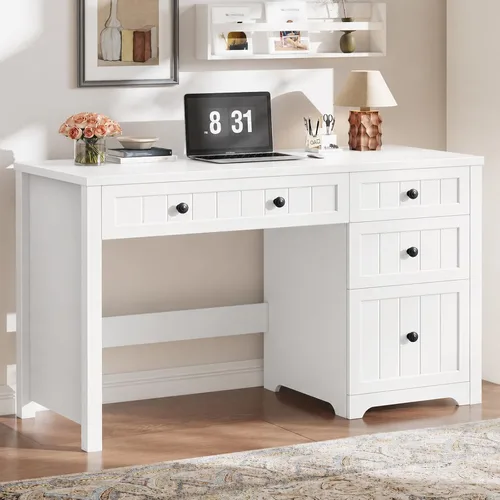 Vista 9 de Halitaa Farmhouse 55.1" Executive Desk with 3 Drawers, Vintage White Antique White
