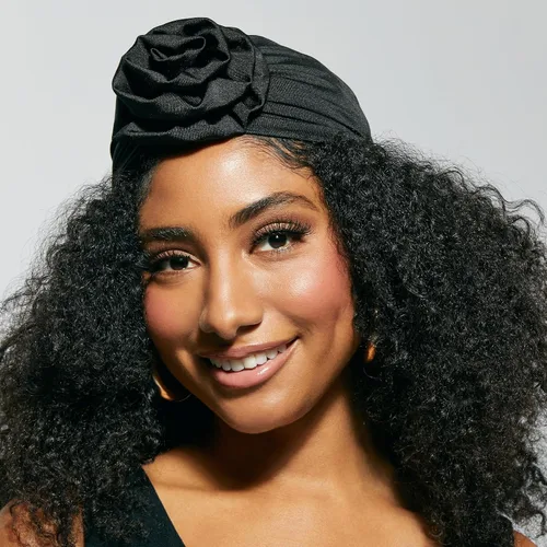 Vista 8 de KISS COLORS & CARE Turbante preatado con nudo superior, negro, elegante, elástico y suave para dormir, máxima protección del cabello, minimiza