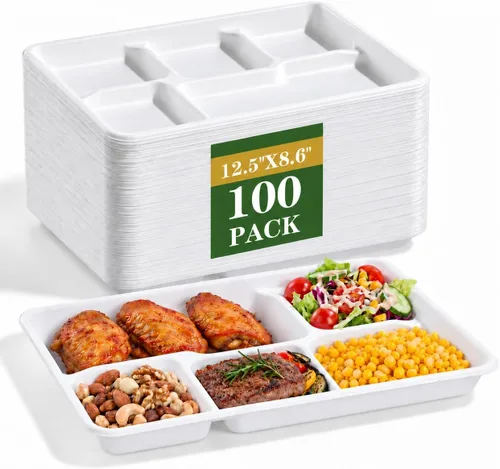 Vista 7 de SUT Paquete de 100 platos compostables naturales sin blanquear con 5 compartimentos, bandejas de papel desechables de 12.5 x 8.6 pulgadas, platos