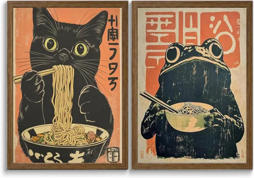 Vista 8 de Lienzo de pared de gato japonés vintage, arte de pared, diseño de gato negro peculiar que come ramen, póster retro divertido de rana comiendo