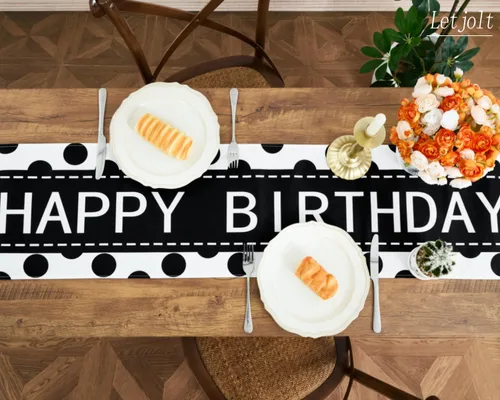 Vista 2 de Letjolt - Camino de mesa de feliz cumpleaños, 72 pulgadas, punto negro Tela similar al lino, carteles de fiesta de cumpleaños, decoraciones de mesa