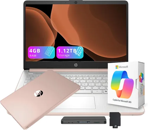Vista 14 de HP Stream - Laptop HD para estudiantes y negocios de 14 pulgadas con copiloto AI, AMD Athlon 7120, 4 GB de RAM, almacenamiento de 1.12 TB