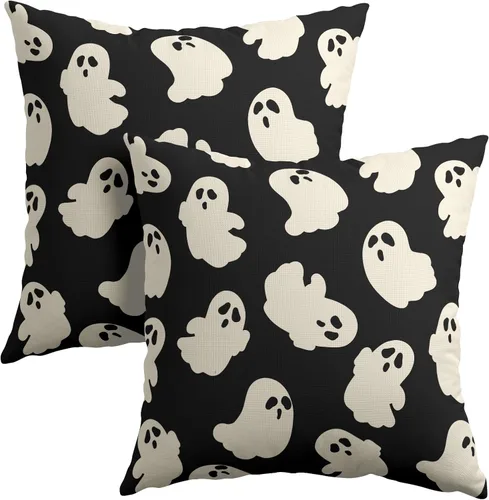 Vista 21 de Happy Halloween - Juego de 2 fundas de almohada decorativas de lino y algodón negro con diseño de murciélago blanco de 16 x 16 pulgadas, fundas