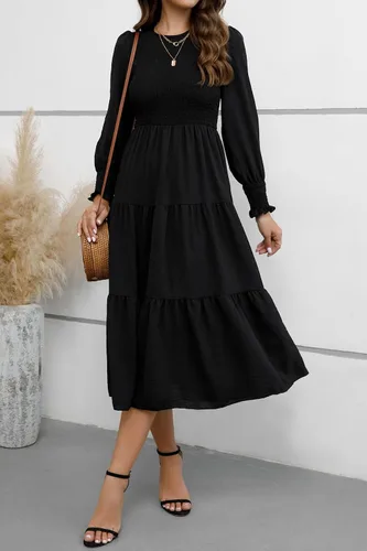 Vista 3 de ZOOMOON Vestido casual de otoño de manga larga para mujer, cuello redondo, cintura alta fruncida, vestidos largos escalonados