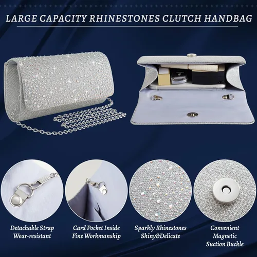 Vista 3 de Juego de 4 piezas de plata para mujer, bolso de mano brillante con diamantes de imitación, bolso de mano para regalo de fiesta de boda, plateado