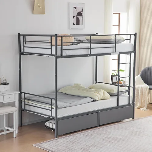 Vista 12 de Karl home - Litera de tamaño individual sobre individual en negro con 2 cajones de almacenamiento, litera de metal con escalera incorporada
