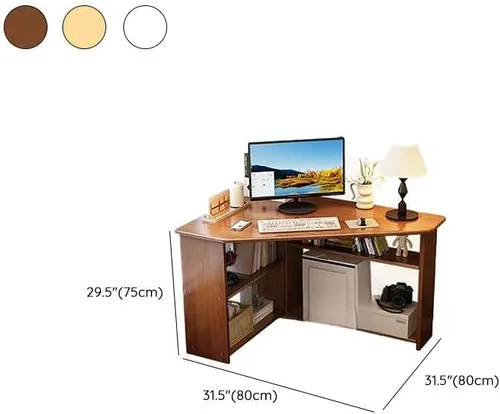 Vista 2 de Escritorio esquinero triangular, escritorios en forma de L, escritorio pequeño para computadora, escritorio de oficina pequeño con estantes