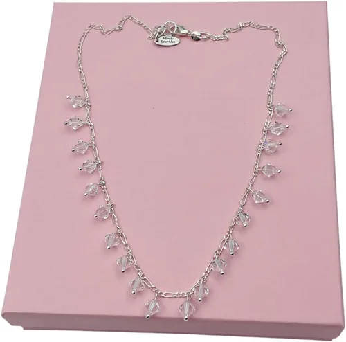 Vista 4 de Collar de cadena Figaro de plata de ley 925 maciza y cristal austriaco auténtico, Plata de ley, cristal austriaco, Cristal