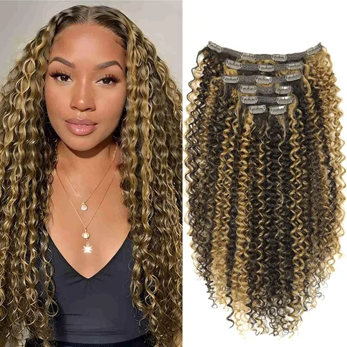 Vista 9 de Extensiones de cabello sintético con pinzas, 4.43 onzas, color marrón oscuro, extensiones de cabello humano rizado Jerry para mujeres negras