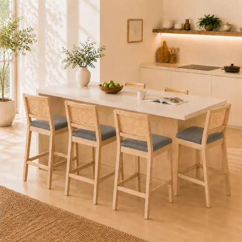 Vista 12 de Juego de 2 taburetes de bar de altura de mostrador, sillas de isla de cocina con respaldo de caña beige, taburetes de bar de ratán con respaldo