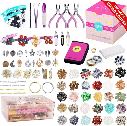 Vista 9 de Modda Kit Deluxe de Fabricación de Joyas con Curso en Video, Incluye Instrucciones, Abalorios, Elaboración de Collar, Pulsera, Aretes, Manualidades