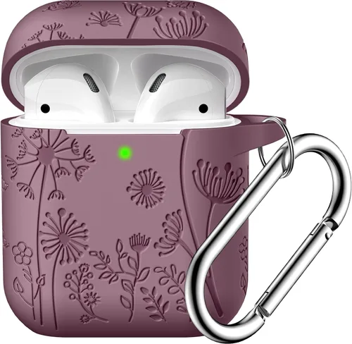 Vista 22 de Lerobo - Funda con grabado de flores para carcasa de AirPod, protector de silicona suave y elegante con llavero compatible con carcasa de carga