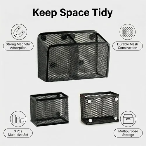 Vista 2 de Neudeco Organizador de estante para casillero, soporte magnético para lápices, cesta de almacenamiento de metal para pizarra blanca, refrigerador