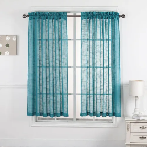 Vista 45 de 2 piezas de cortinas de aspecto de lino sólido y elegante, paneles totalmente cosidos, niveles de tratamiento de ventanas