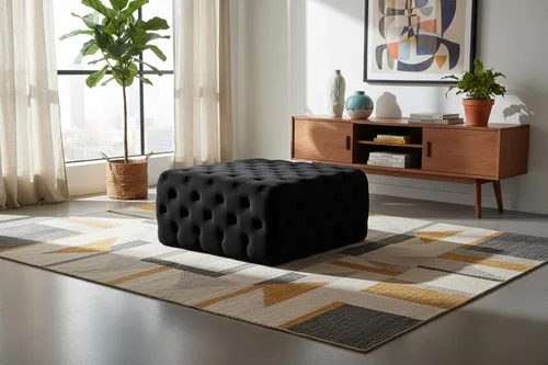 Vista 2 de Meridian Furniture Ariel Collection Modern Otomana/banco tapizado de terciopelo negro contemporáneo con botones profundos, marco de madera maciza