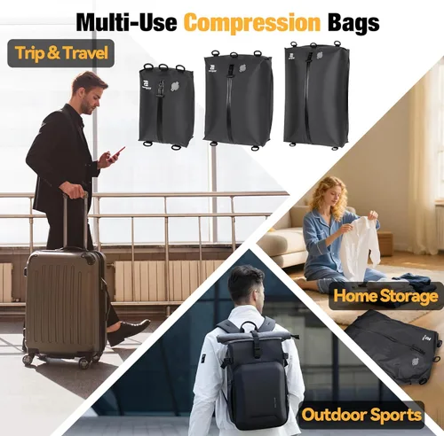 Vista 8 de Bolsas de vacío para viajes con bomba, juego de 3 tamaños, bolsas de compresión al vacío reutilizables para equipaje, ahorro de espacio IP67, cubos
