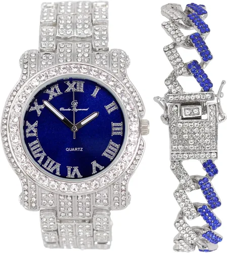 Vista 12 de Charles Raymond Reloj redondo de lujo para hombre totalmente incrustado con brillantes en plata con pulsera Bling-ed Out - L0504B