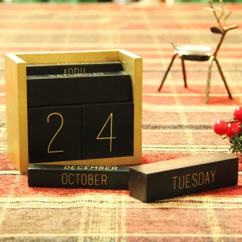 Vista 5 de Juegoal Calendario perpetuo de madera, bloque de madera, calendario diario, accesorios de escritorio de oficina (negro)