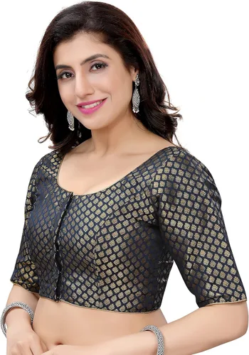 Vista 4 de Madhu Fashion Blusa tradicional de sari de brocado de plátanos confeccionados con mangas hasta el codo
