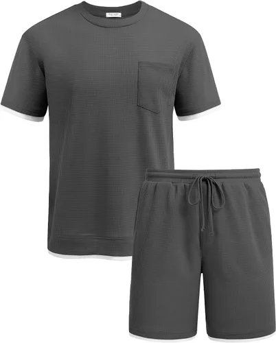 Vista 35 de COOFANDY Conjunto de camisa y pantalones cortos de gofre para hombre, conjunto de 2 piezas, conjunto casual de verano con bolsillos