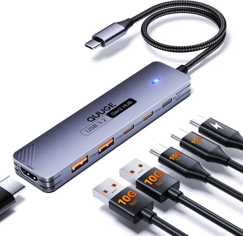 Vista 10 de QUUGE Concentrador USB-C, 2 USB-C y 2 USB-A de 10 Gbps, 100 W PD, cable de 3.3 ft para SSD