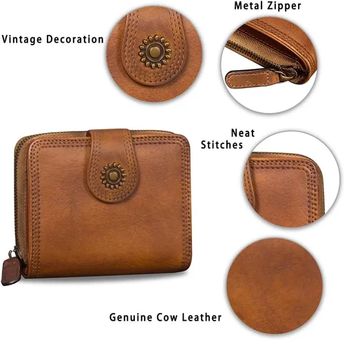 Vista 6 de Billeteras de cuero plegables para mujer, estilo vintage, hechas a mano, pequeño, con cremallera, Marrón, Billetera plegable