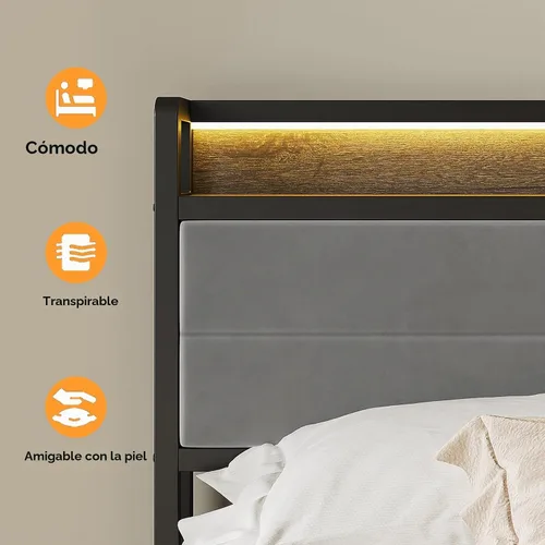 Vista 7 de LIKIMIO - Base de cama Queen con cabecero, luces LED y estación de carga Gris carbón