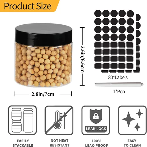 Vista 2 de Paquete de 40 tarros de plástico transparente de 6 onzas con boca ancha y tapas negras sin BPA, tarro de almacenamiento recargable multiusos vacío
