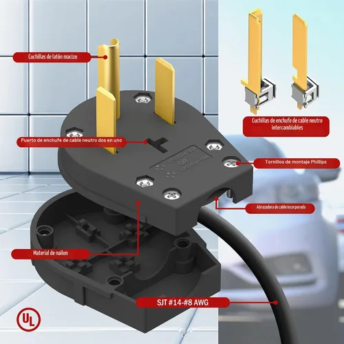 Vista 3 de ENERLITES Enchufe angular de hoja recta, enchufe de ángulo macho de repuesto para secadora de CA, NEMA 14-30/50P, 50 Amp, 125V/250V, 66351-BK, negro