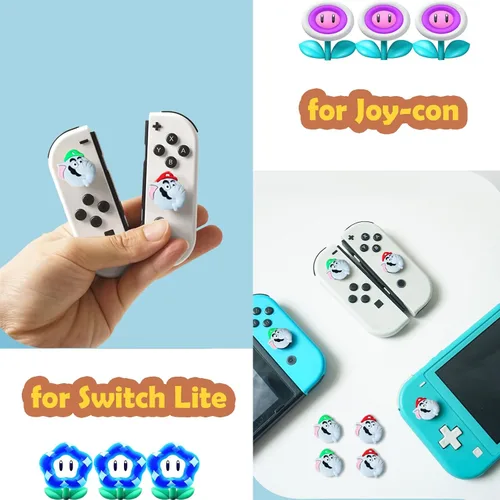 Vista 6 de 4 empuñaduras para el pulgar para Nintendo SwitchOLEDLite Joycon Controller, Mes Merry para Super Mario Bros Wonder Joy Con Joystick Tapas